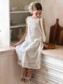 DAZY Ensemble tenue automne pour préadolescente : Top sans manches col rond pour fille + Jupe - Blanc - Voir 1