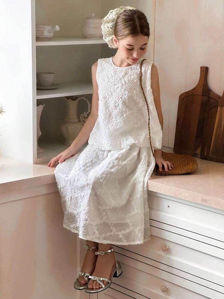 DAZY Bộ trang phục mùa thu cho bé gái tuổi mới lớn: Áo không tay cổ tròn + Chân váy - trắng - Xem 1