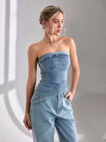 CLARA VERO Women Elegant Asymmetrical Hem Tube Denim Top - Medium Wash - View 7