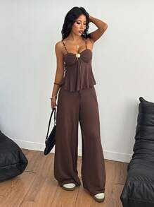 Gloray 女士金属外壳装饰吊带背心和裤子度假休闲套装，春夏 - 咖啡棕 - 查看 4