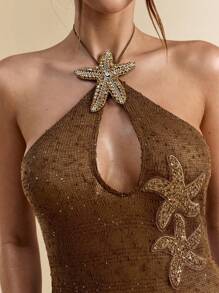 SHEIN BAE Váy bó sát màu nâu cà phê lưới đan móc họa tiết sao biển thời trang xuân/hè, váy che thân đi biển, váy móc, váy mùa hè - màu nâu - Xem 6