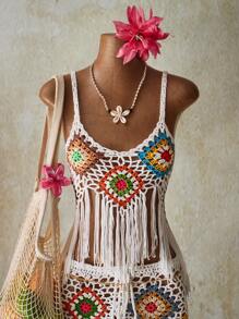 SHEIN ICON Set de 2 piese pentru femei, vară, vacanță, ieșiri la plajă, Hawaii, tropical, sexy, croșetat, colorat, tricotat, camisol, top și fustă, 2 piese - Multicolor - Vizualizare 7