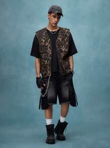 ROMWE MEN Street Life Leopard Print Zip Front Denim Waistcoat For Men - Bronze - View 6