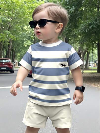 SHEIN 2pcs/Set Casual Pony Icon, Streaks Print Crew Neck Short Sleeve T-Shirt And Shorts Set For Boys, Summer