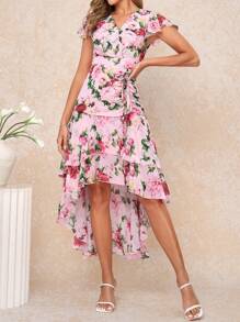 Ellevyn 女式 V 领裹身荷叶边袖花卉印花雪纺褶皱 A 字高低连衣裙，优雅日常浪漫春夏长裙 - 彩色 - 查看 5