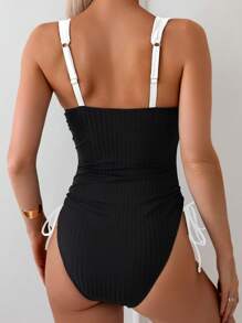 Swim Basics 女士拼色连体泳衣，适合海滩/度假 - 黑與白 - 查看 2