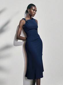 Lumivelle Summer Metal Ring Decor Waist Ruched Sleeveless Dress - Navy Blue - View 6