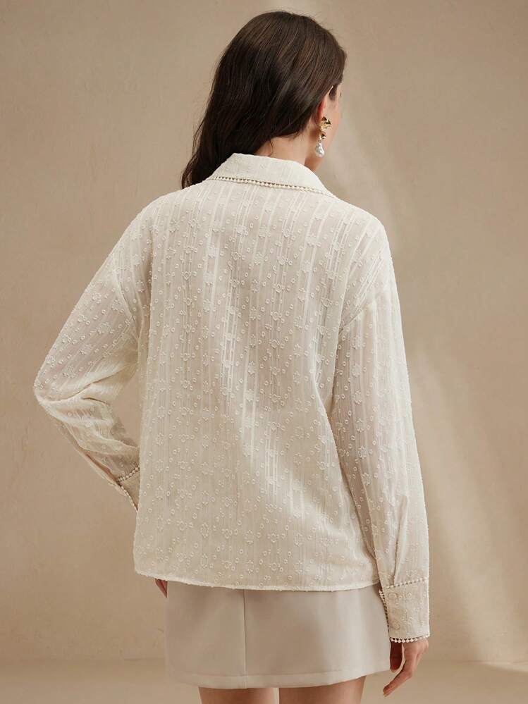 Anewsta 蓝领长袖优雅女士衬衫，蕾丝拼布和花卉贴花，适合春夏季 - 杏色 - 查看 2