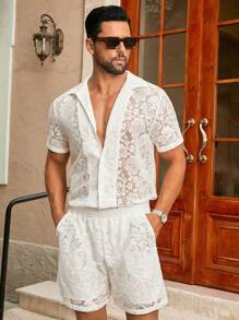 HIMLAND 2件套轻质镂空纯色梭织短袖衬衫套装，夏季蕾丝衬衫男士夏季两件套男士