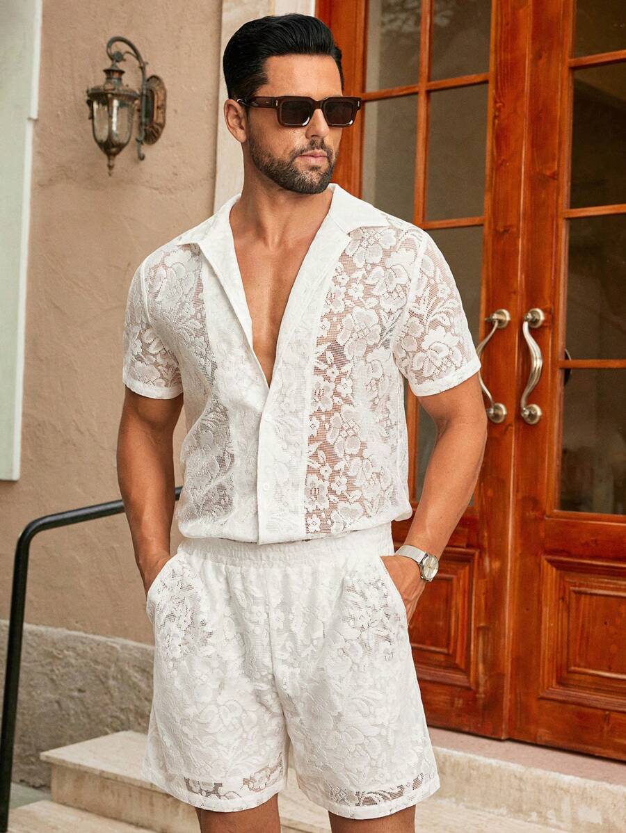 HIMLAND 2件套轻质镂空纯色梭织短袖衬衫套装，夏季蕾丝衬衫男士夏季两件套男士