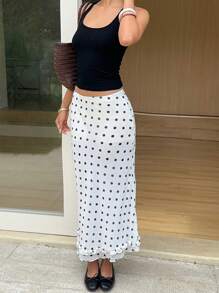 SHEIN EZwear 女士白色波尔卡圆点和图案印花休闲雪纺美人鱼长裙，带荷叶边下摆，夏季，外出