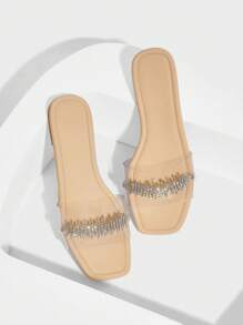 CUCCOO SZL Women Summer Apricot Fairy-Like Transparent Crystal Chain Toe Strap Slip-On Flat Sandals - Apricot - View 11