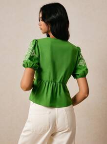 Poéselle Áo kiểu nữ tay ngắn thêu họa tiết phong cách vintage Boho, áo dễ thương, áo thêu, áo sơ mi cài nút, áo dành cho nữ đi nghỉ mát, phong cách cổ điển, phụ nữ thanh lịch, vintage, mùa hè/thu - màu xanh lá - Xem 8