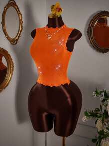 Amplova Women's Rhinestone Floral Frayed Edge Mesh Camisole - Burnt Orange - View 7