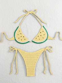 Swim Mod Women's Vacation Crochet Avocado Bikini Top And Bottom Set For Summer - Yellow - View 3