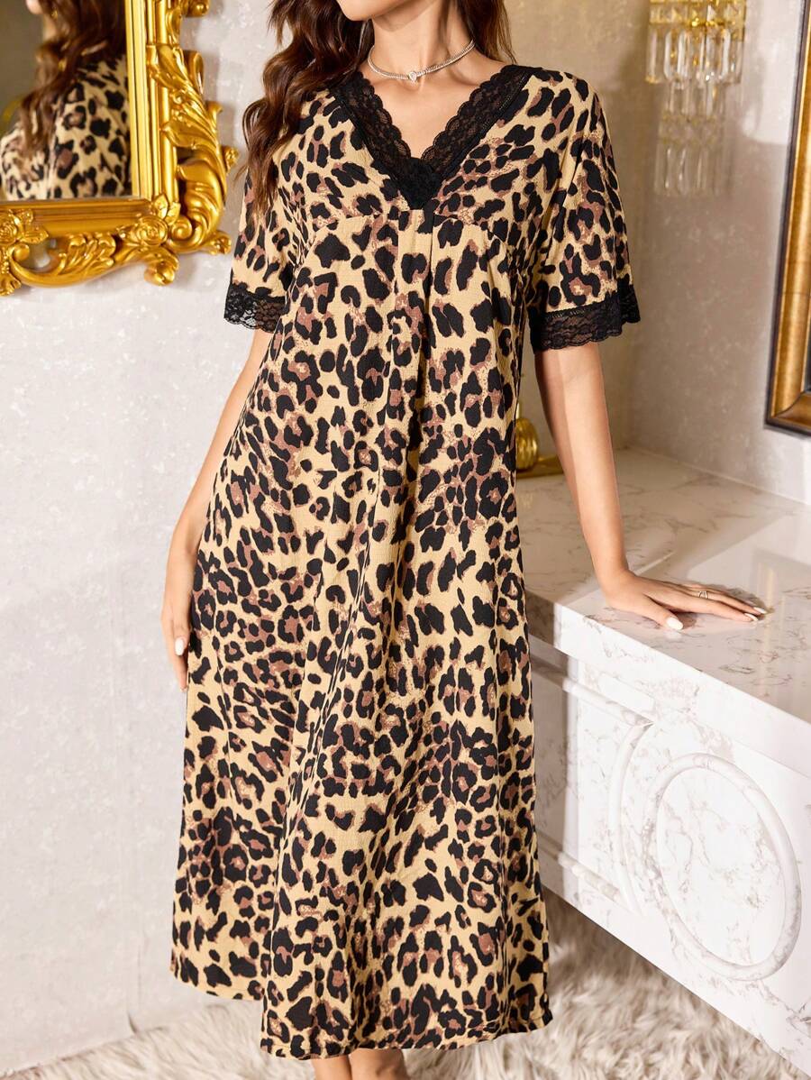 LuxeNights V-Neck Contrast Lace Leopard Print Short Sleeve Women Nightgown, Moo Moo - Multicolor - View 1