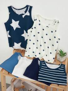 6件套男童基础款星条印花棉质汗衫，简约纯色，穿着舒适。简约设计，易于搭配，针织面料弹力透气，可机洗，穿着舒适，易于护理（6件套出售）