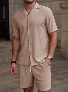 Manfinity RelaxMax Conjunto de camisa de manga corta con botones delanteros y pantalones cortos de unicolor para hombre - Caqui - Ver 5