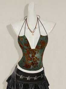 SHEIN ICON Women's Retro Green Flocked Jacquard Criss-Cross Backless Sexy Camisole - Green - View 4