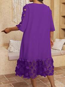 SHEIN Clasi Plus Size Women Mesh Panel Round Neck Short Sleeve Midi Dress - Purple - View 2