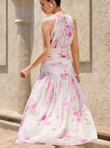 SHEIN Unity Vacation Versatile Romantic Elegant Floral Print Ruched Asymmetric Hem Sleeveless Dress - Purple - View 2