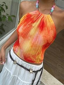 SHEIN EZwear Floral Printed Tie Backless Women Casual Halter Top ,Beaded Top, Summer, Vacations Woman, Raves, Beach For Women - Multicolor - View 1