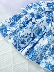 年轻女孩荷叶边松紧腰双层裙子，适合休闲、通勤、度假、可爱 - 藍色 - 查看 4