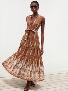 Aveloria Modichic French Romantic Boho Vacation Heavily Embroidered Sexy Deep V With Self-Fabric Belt Contrast Color Dress For Women - Multicolor - View 3