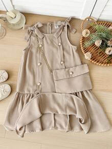SHEIN LMoss Kids Vestido justo sem mangas com decote redondo e cor sólida para meninas - Caqui - Ver 6