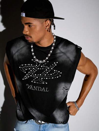 Grunge Punk Herren Gewaschenenes, gefärbtes Tank Top mit Perlen Dekor, 2000er Jahre Stil