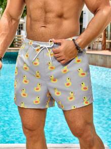 Manfinity Swimmode 男士鸭子印花抽绳腰部泳裤牛奶丝衬里沙滩短裤