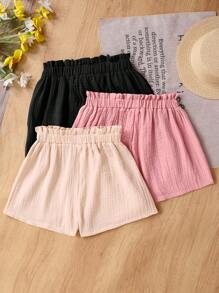 SHEIN TEENGirl 3 件套休闲夏季套装：编织柔软双层纱布荷叶边短裤，松紧腰身，纯色，百搭清凉 - 黑色 - 查看 2