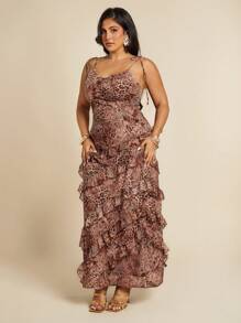 SHEIN X Scheana SHEIN BAE 夏季海滩度假豹纹荷叶边蛋糕连衣裙，适合日常约会、夜间外出、夜总会、派对、聚会、泳池派对、返校季服装、返校季服装、节日连衣裙女装、音乐节服装、乡村音乐节服装、演唱会服装 - 彩色 - 查看 2