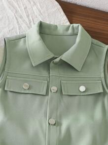 SHEIN Set 3 buc ținută pentru băiat tânăr - tricou cu mânecă scurtă cu umăr alb, vestă verde utilitare, aspect elegant și practic