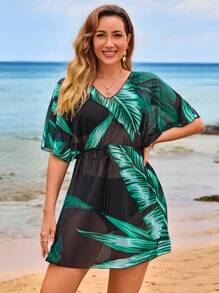 SHEIN Swim New Summer Green Leaf Random Print V-Neck Short Sleeve Mesh Drawstring Waist Mid-Length Beach Cover Up For Women - Multicolor - View 3