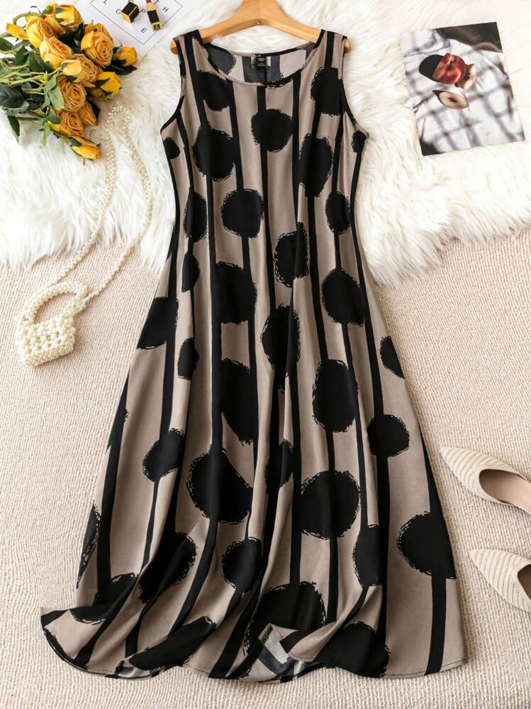 EMERY ROSE Abito lungo da donna taglie forti con stampa a cerchi e strisce, senza maniche - nero - Visualizzare 1
