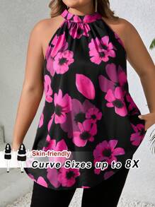 SHEIN CURVE+ Plus Size Women Floral Print Ruching Halter Blousesummer/Country/Beach Vacation Outfits/Beach Outfits/Beach Wear - Multicolor - View 1