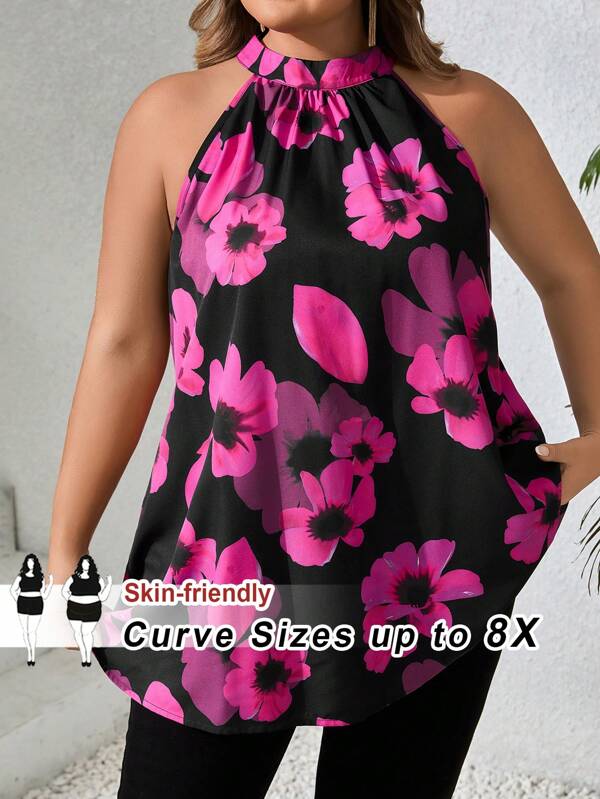 SHEIN CURVE+ Plus Size Women Floral Print Ruching Halter Blousesummer/Country/Beach Vacation Outfits/Beach Outfits/Beach Wear