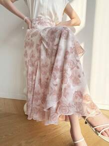 Modelyn Women's Vacation Floral Print Ruffle Hem Elegant A-Line Skirt - Pink - View 4