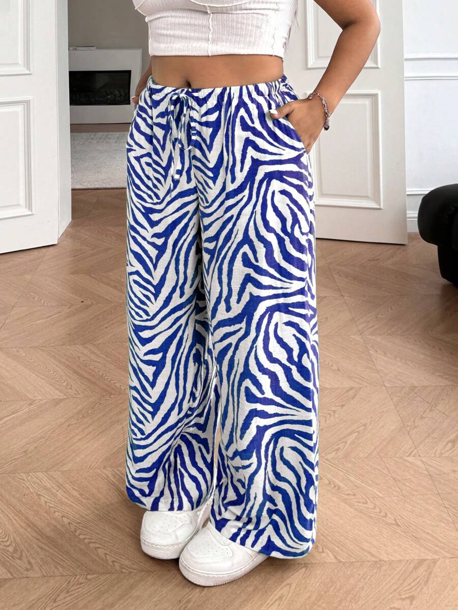 Solflare Quần ống đứng thường ngày cỡ lớn sọc ngựa vằn xanh trắng - Xanh và trắng - Xem 1