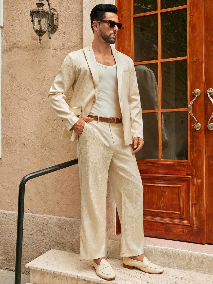 Manfinity NXTstreet 2件套男士休闲宽松菱形图案梭织西装外套 - 卡其色 - 查看 1