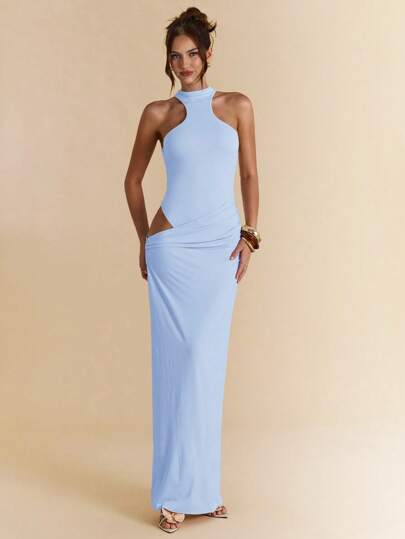 SHEIN BAE Solid Apricot Sleeveless Asymmetric Hollow Out Slim Fit Jumpsuit, Elegant Maxi Dress For Beach Holiday, Formal Occasions, Wedding Guest