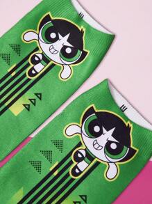 THE POWERPUFF GIRLS X SHEIN 1双时尚绿色毛茛图案踝袜 - 彩色 - 查看 2