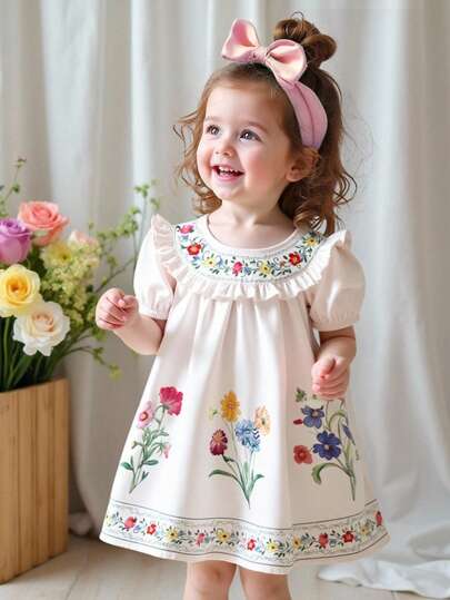 SHEIN Vestido Solto de Férias com Estampa Floral Fofa de Manga Curta para Bebê Menina no Verão