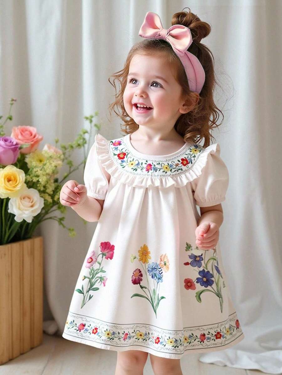 Travachic KIDS Babygirl 夏季可爱花卉印花宽松短袖度假连衣裙