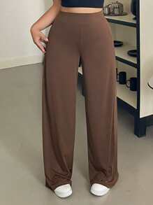 Dazy Plus Plus Fall Solid Color Elastic Waist Wide Leg Knit Casual Pants - Brown - View 5