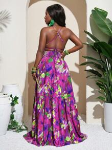 Slaydiva Vestido largo con espalda descubierta, tirantes con nudo y bajo en capas con estampado tropical sexy para vacaciones de verano para mujeres - Morado - Ver 2