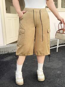 SHEIN EZwear Plus Size Women's Summer Elastic Waist Drawstring Flip Flap Pocket Cargo Denim Jeans