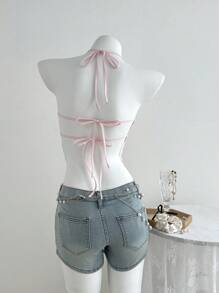 Elamini Women's Fashionable Halter Neck Top, Suitable For Summer - Pink - View 2