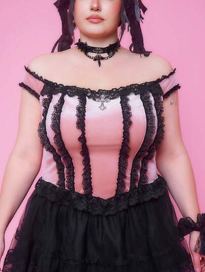 Kawaii Top de mujer de talla grande con estilo vintage de palacio gótico, adorno de encaje a contraste y cruz de terciopelo